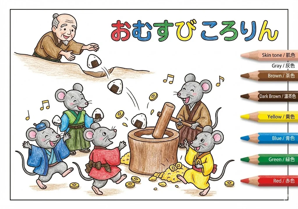 おむすびころりん(完成見本) (Omusubi Kororin) その二 | 高齢者(g3b3)向け無料塗り絵|昔話・物語イラスト