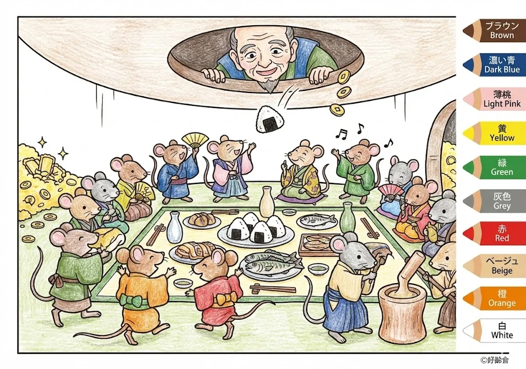 おむすびころりん(完成見本) (Omusubi Kororin) その三 | 高齢者(g3b3)向け無料塗り絵|昔話・物語イラスト