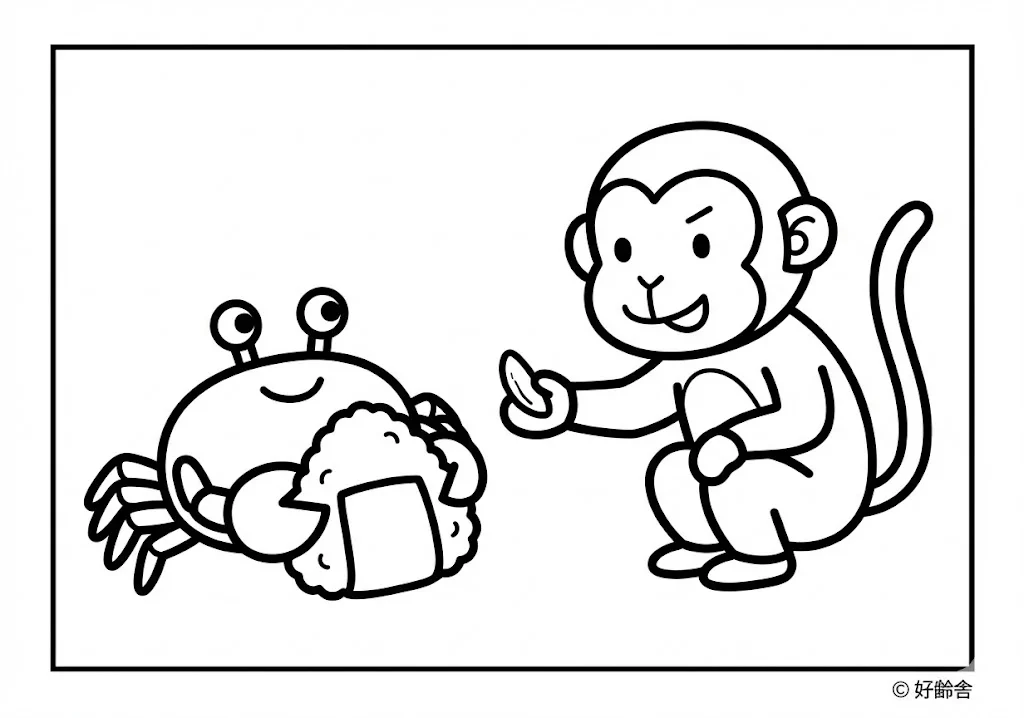 さるかに合戦 (Saru Kani Gassen) その一 | 高齢者(g3b3)向け無料塗り絵|昔話・物語イラスト