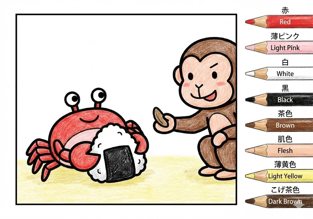 さるかに合戦(完成見本) (Saru Kani Gassen) その一 | 高齢者(g3b3)向け無料塗り絵|昔話・物語イラスト