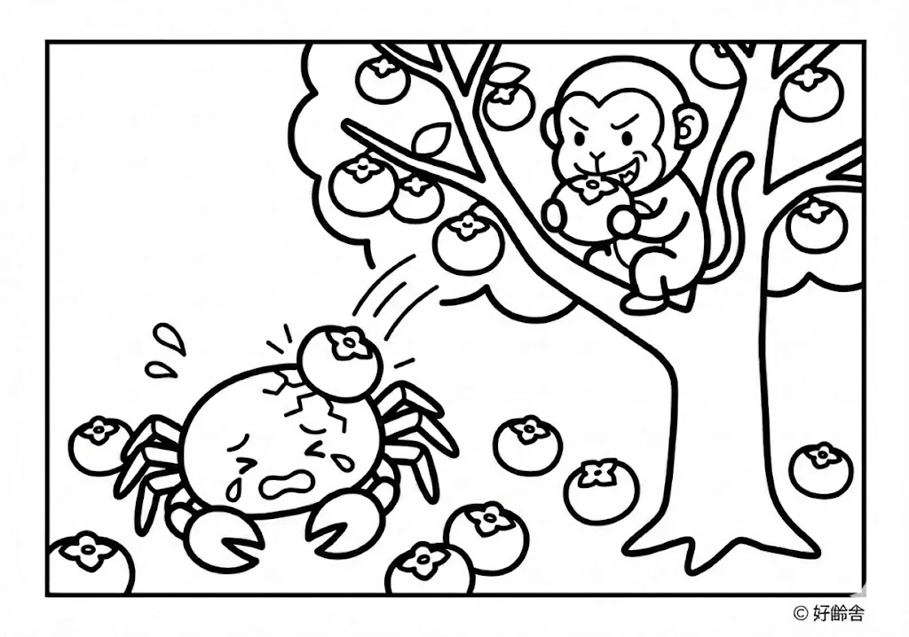 さるかに合戦 (Saru Kani Gassen) その二 | 高齢者(g3b3)向け無料塗り絵|昔話・物語イラスト