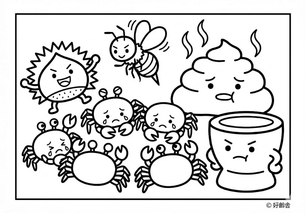 さるかに合戦 (Saru Kani Gassen) その三 | 高齢者(g3b3)向け無料塗り絵|昔話・物語イラスト