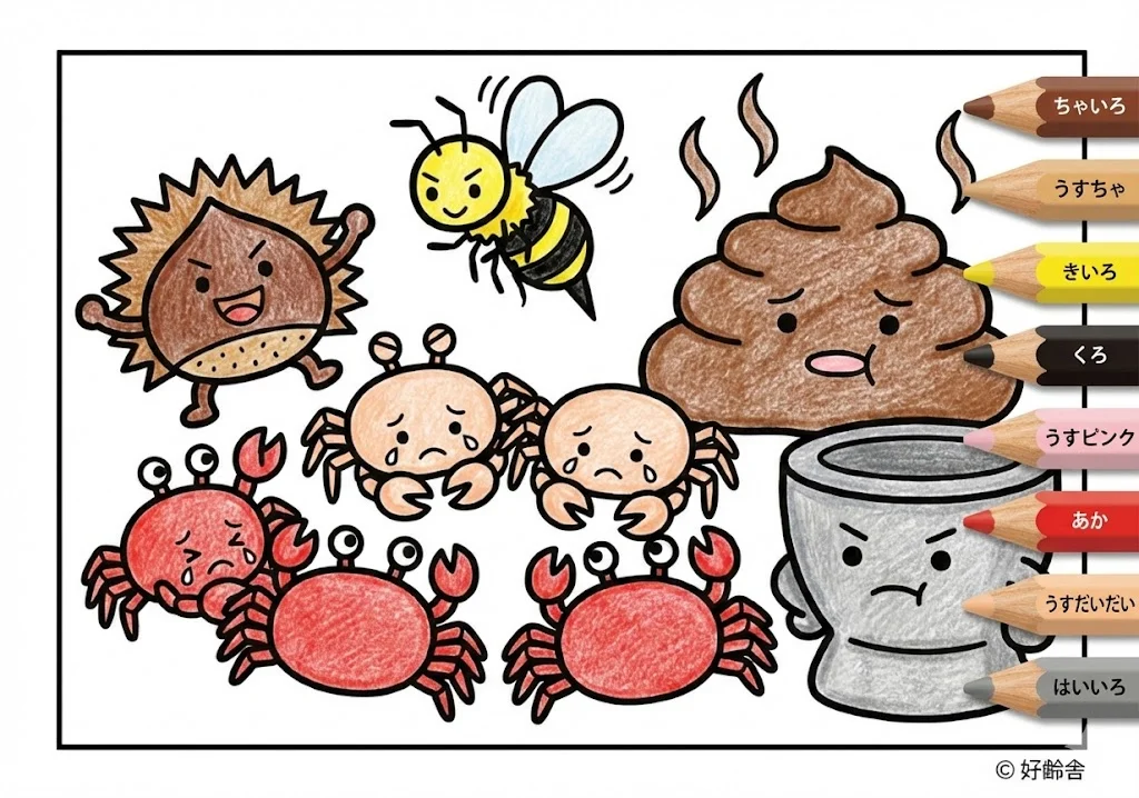 さるかに合戦(完成見本) (Saru Kani Gassen) その三 | 高齢者(g3b3)向け無料塗り絵|昔話・物語イラスト