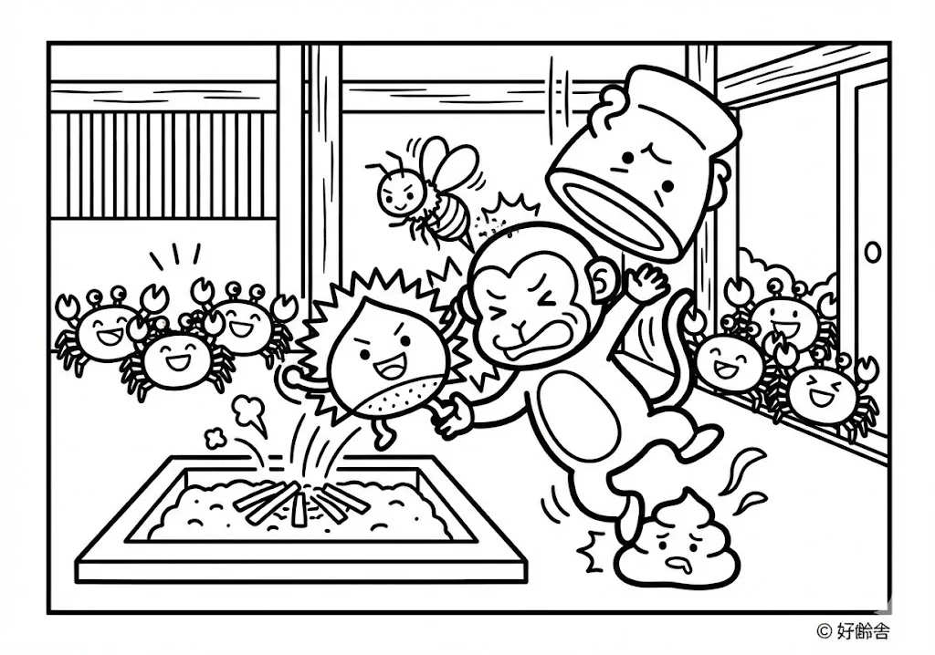 さるかに合戦 (Saru Kani Gassen) その四 | 高齢者(g3b3)向け無料塗り絵|昔話・物語イラスト