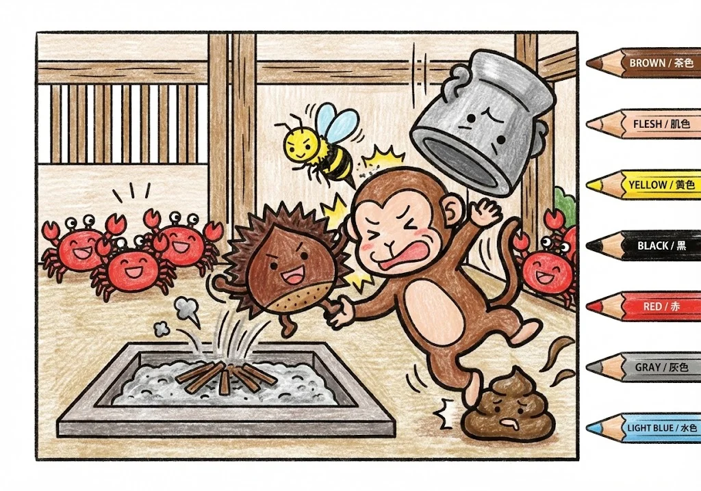 さるかに合戦(完成見本) (Saru Kani Gassen) その四 | 高齢者(g3b3)向け無料塗り絵|昔話・物語イラスト