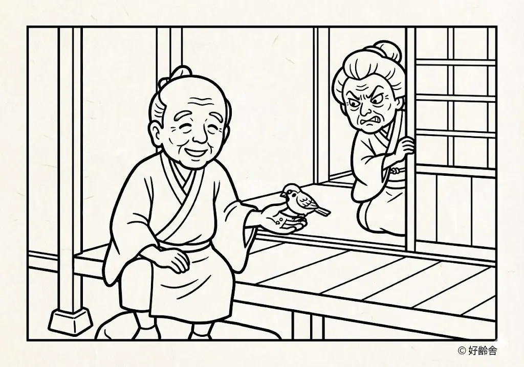 舌切り雀 (Shitakiri Suzume) その一 | 高齢者(g3b3)向け無料塗り絵|昔話・物語イラスト