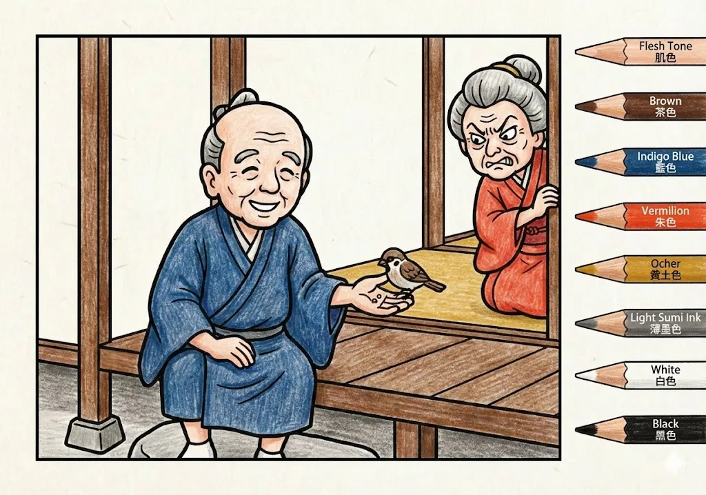 舌切り雀(完成見本) (Shitakiri Suzume) その一 | 高齢者(g3b3)向け無料塗り絵|昔話・物語イラスト