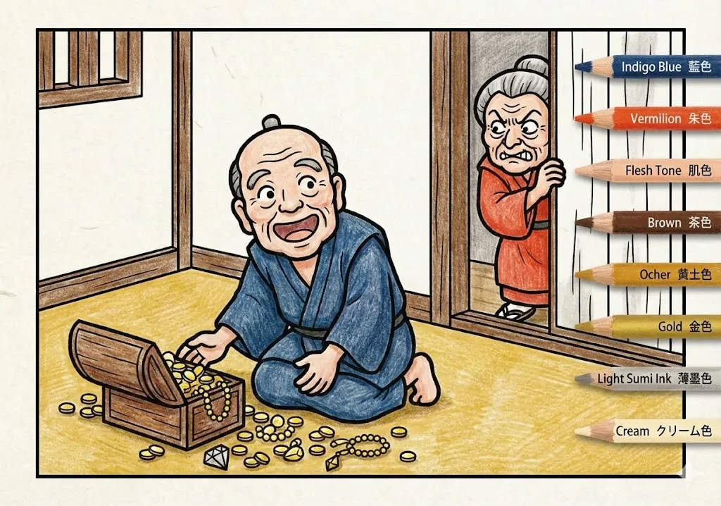 舌切り雀(完成見本) (Shitakiri Suzume) その二 | 高齢者(g3b3)向け無料塗り絵|昔話・物語イラスト