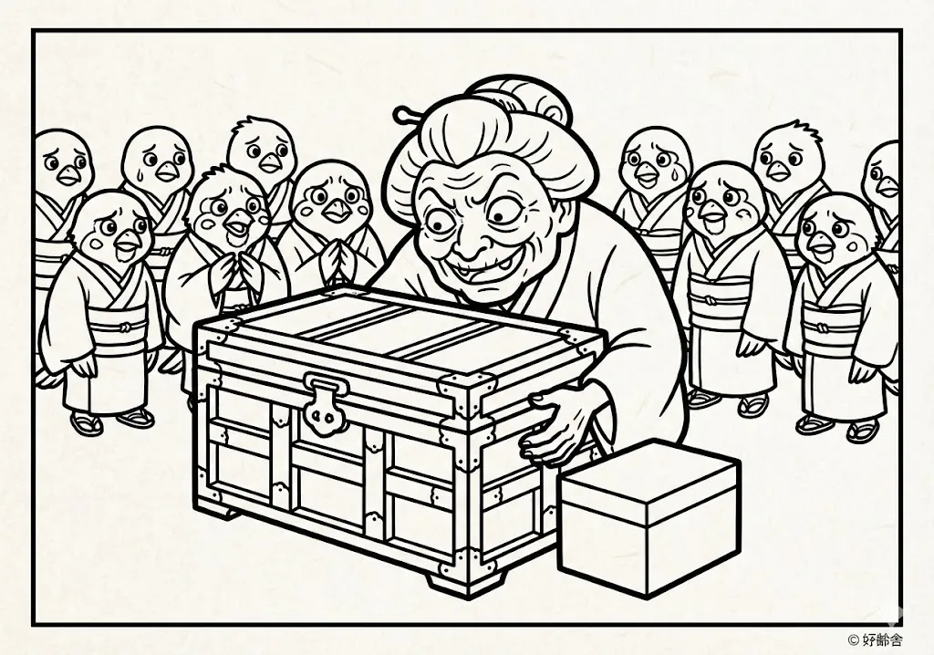 舌切り雀 (Shitakiri Suzume) その三 | 高齢者(g3b3)向け無料塗り絵|昔話・物語イラスト