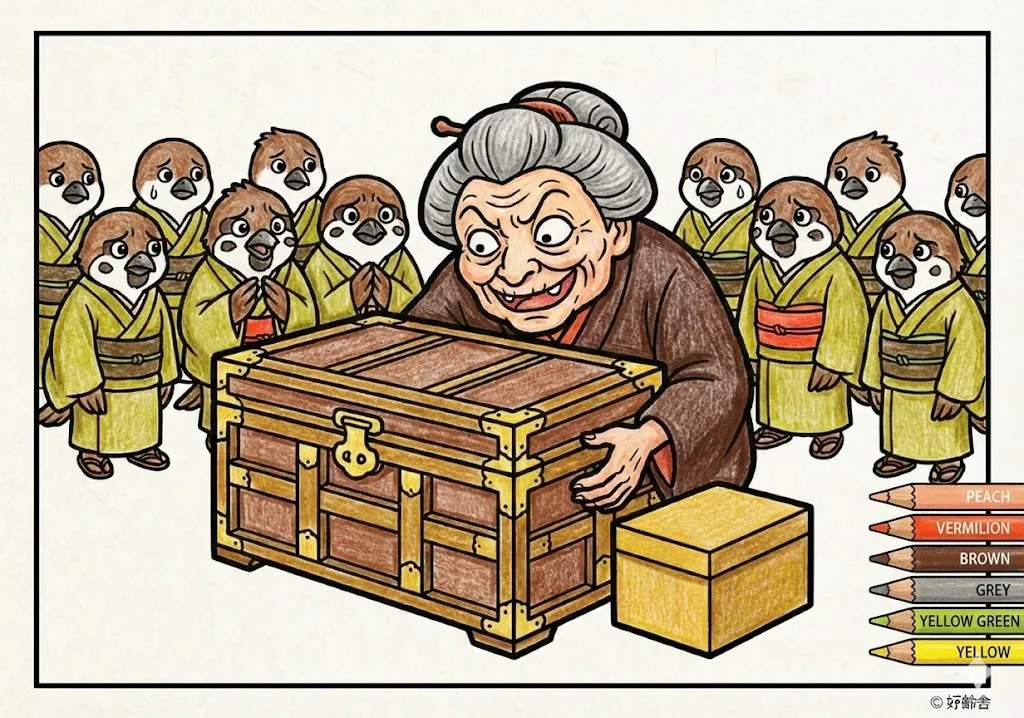 舌切り雀(完成見本) (Shitakiri Suzume) その三 | 高齢者(g3b3)向け無料塗り絵|昔話・物語イラスト