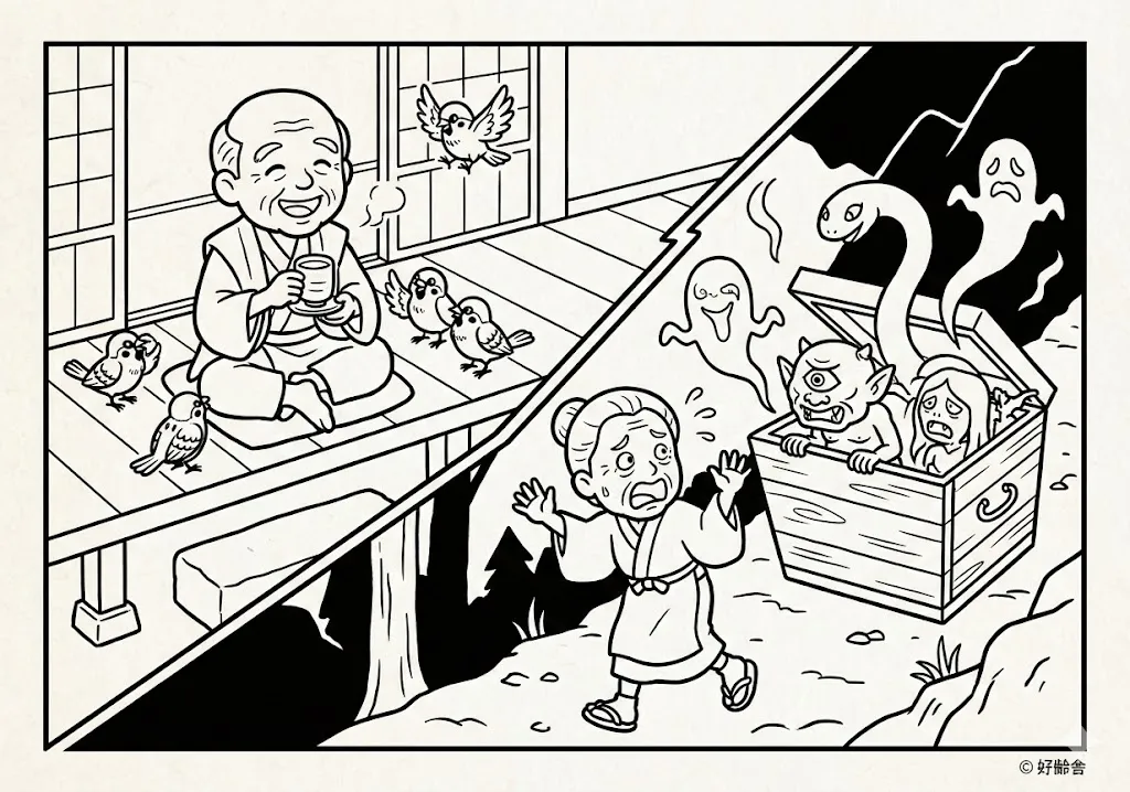 舌切り雀 (Shitakiri Suzume) その四 | 高齢者(g3b3)向け無料塗り絵|昔話・物語イラスト