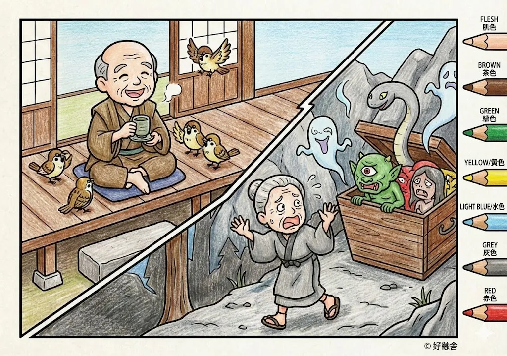 舌切り雀(完成見本) (Shitakiri Suzume) その四 | 高齢者(g3b3)向け無料塗り絵|昔話・物語イラスト