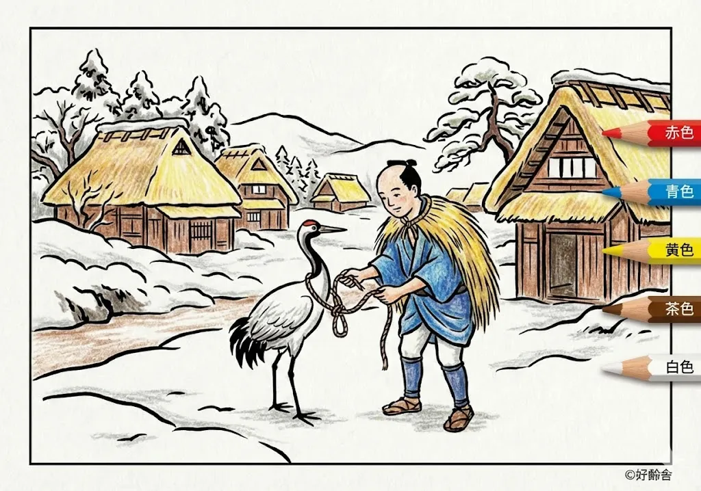 鶴の恩返し(完成見本) (Tsuru no Ongaeshi) その一 | 高齢者(g3b3)向け無料塗り絵|昔話・物語イラスト