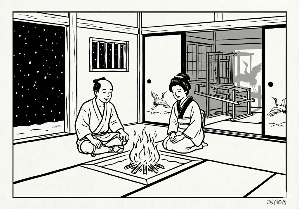 鶴の恩返し (Tsuru no Ongaeshi) その二 | 高齢者(g3b3)向け無料塗り絵|昔話・物語イラスト