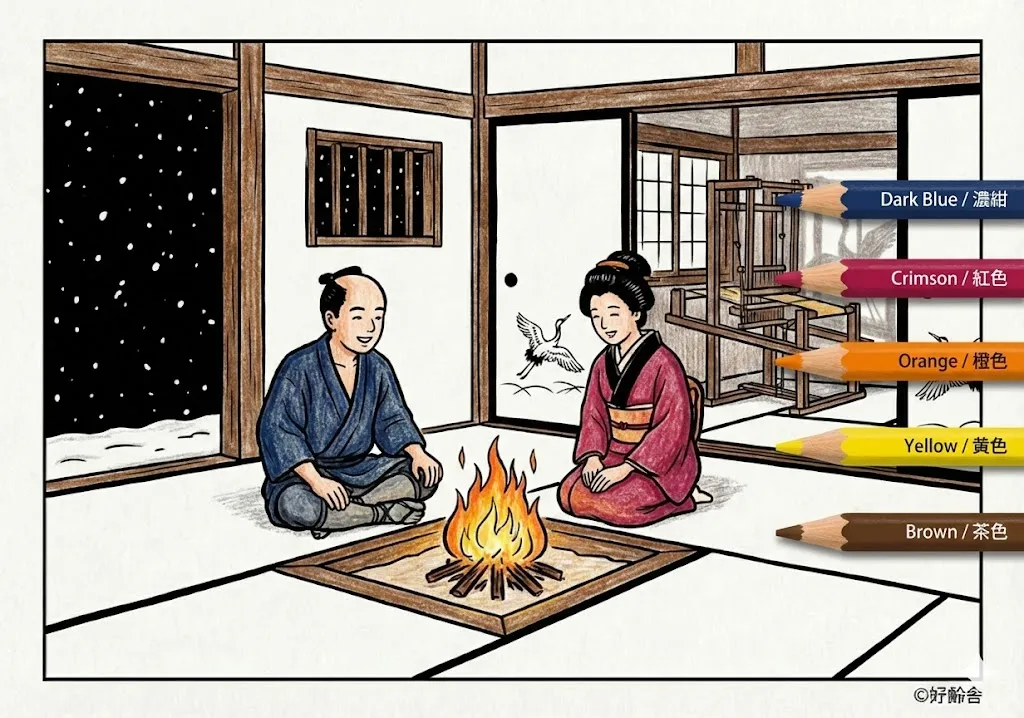 鶴の恩返し(完成見本) (Tsuru no Ongaeshi) その二 | 高齢者(g3b3)向け無料塗り絵|昔話・物語イラスト