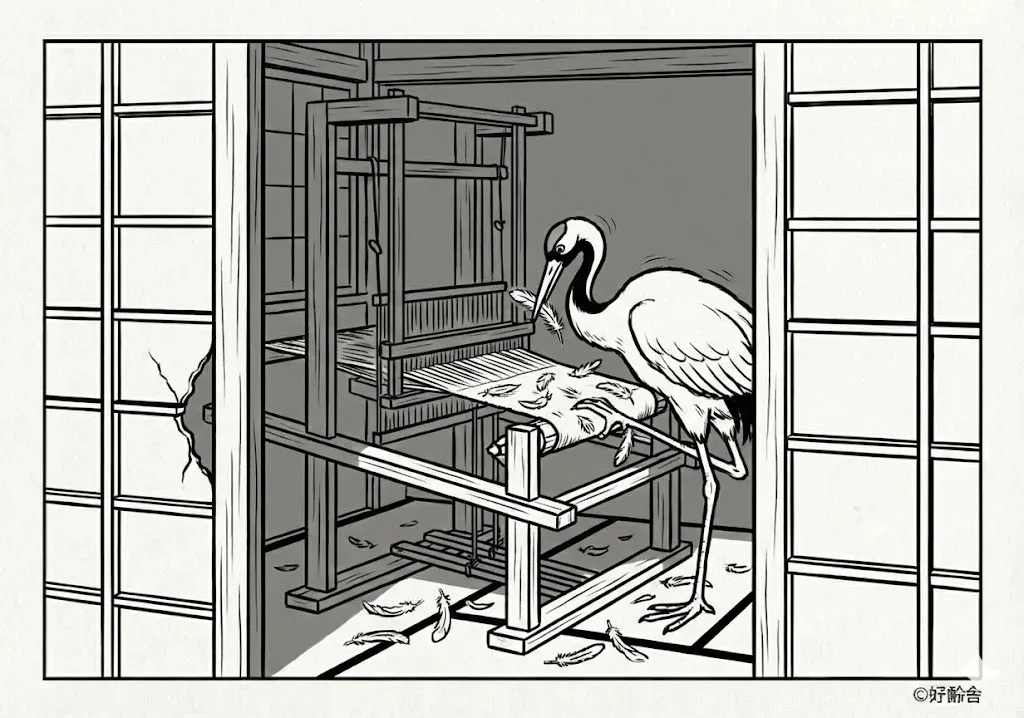 鶴の恩返し (Tsuru no Ongaeshi) その三 | 高齢者(g3b3)向け無料塗り絵|昔話・物語イラスト