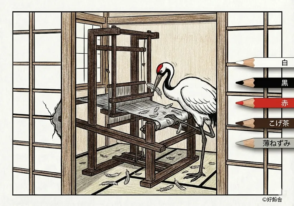 鶴の恩返し(完成見本) (Tsuru no Ongaeshi) その三 | 高齢者(g3b3)向け無料塗り絵|昔話・物語イラスト