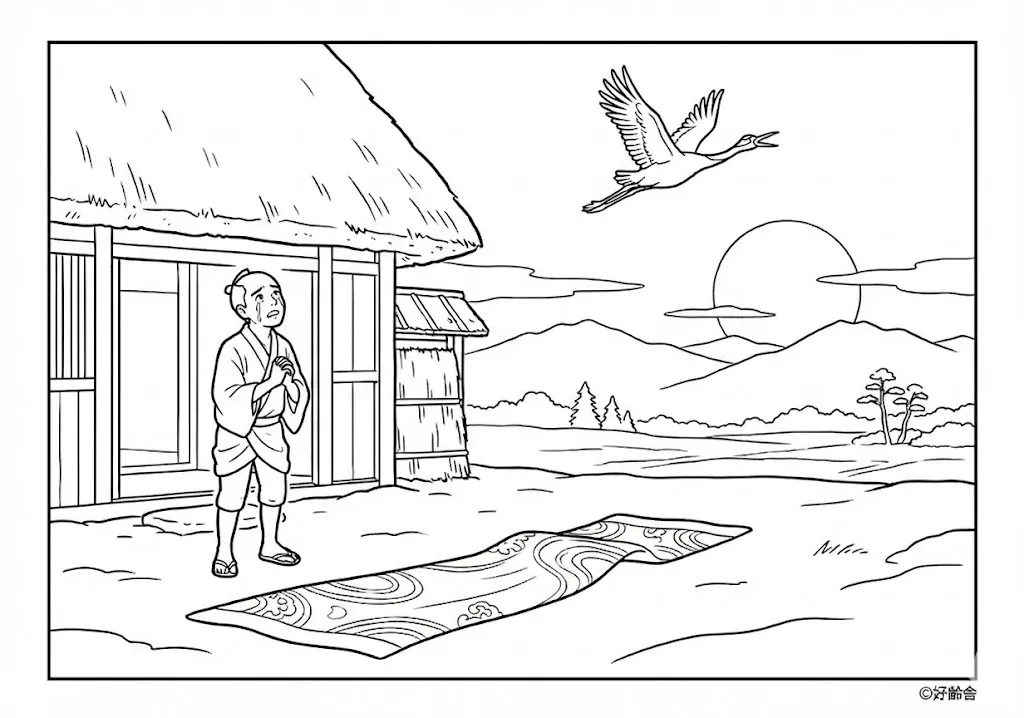 鶴の恩返し (Tsuru no Ongaeshi) その四 | 高齢者(g3b3)向け無料塗り絵|昔話・物語イラスト