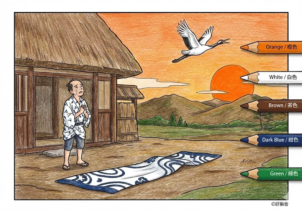 鶴の恩返し(完成見本) (Tsuru no Ongaeshi) その四 | 高齢者(g3b3)向け無料塗り絵|昔話・物語イラスト