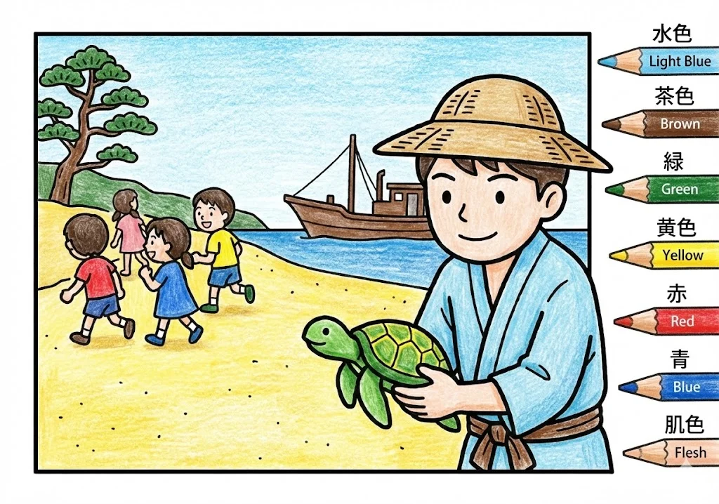 浦島太郎(完成見本) (Urashima Taro) その一 | 高齢者(g3b3)向け無料塗り絵|昔話・物語イラスト