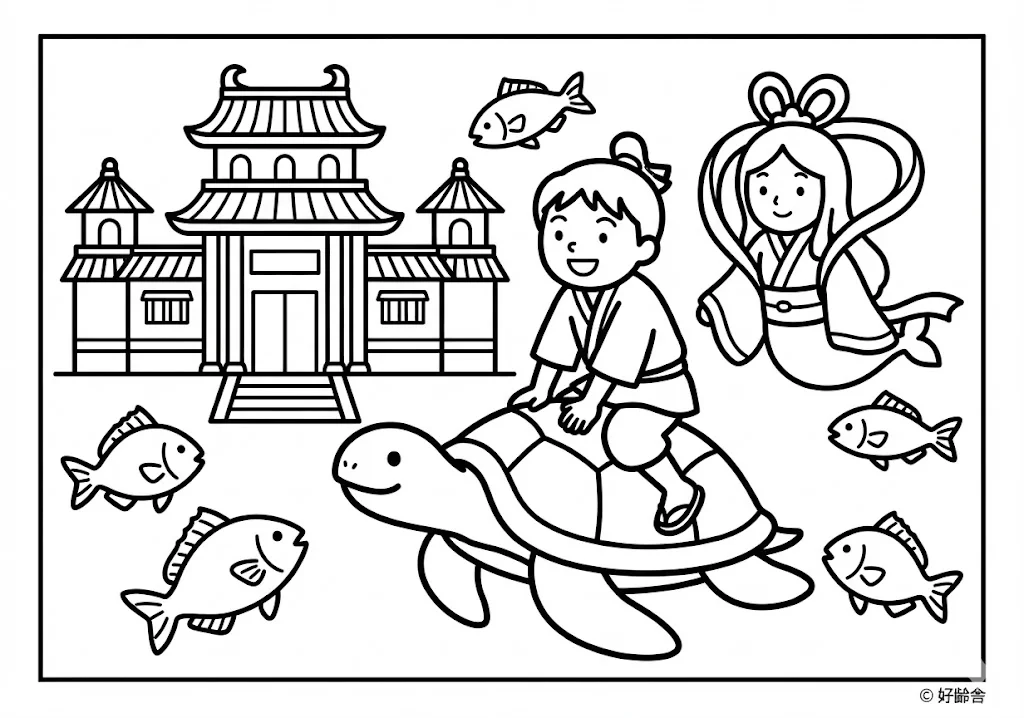 浦島太郎 (Urashima Taro) その二 | 高齢者(g3b3)向け無料塗り絵|昔話・物語イラスト