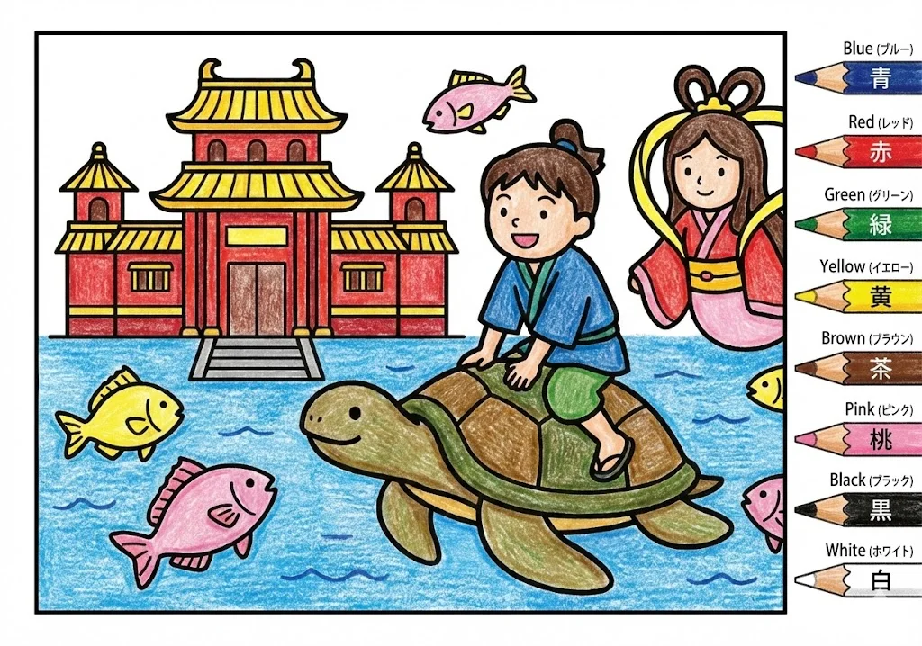 浦島太郎(完成見本) (Urashima Taro) その二 | 高齢者(g3b3)向け無料塗り絵|昔話・物語イラスト