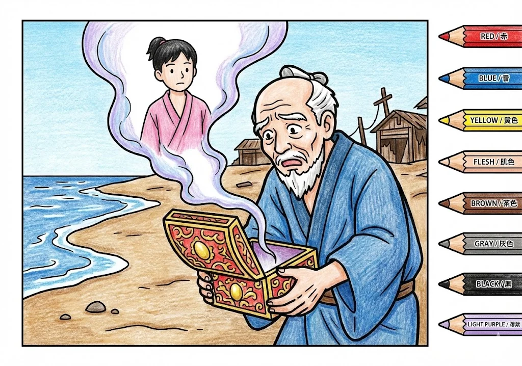 浦島太郎(完成見本) (Urashima Taro) その四 | 高齢者(g3b3)向け無料塗り絵|昔話・物語イラスト