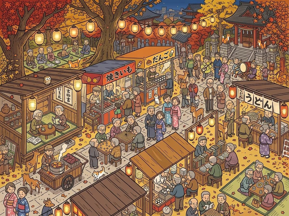 Free Picture Puzzle: Autumn Shrine Fair & Evening Stalls