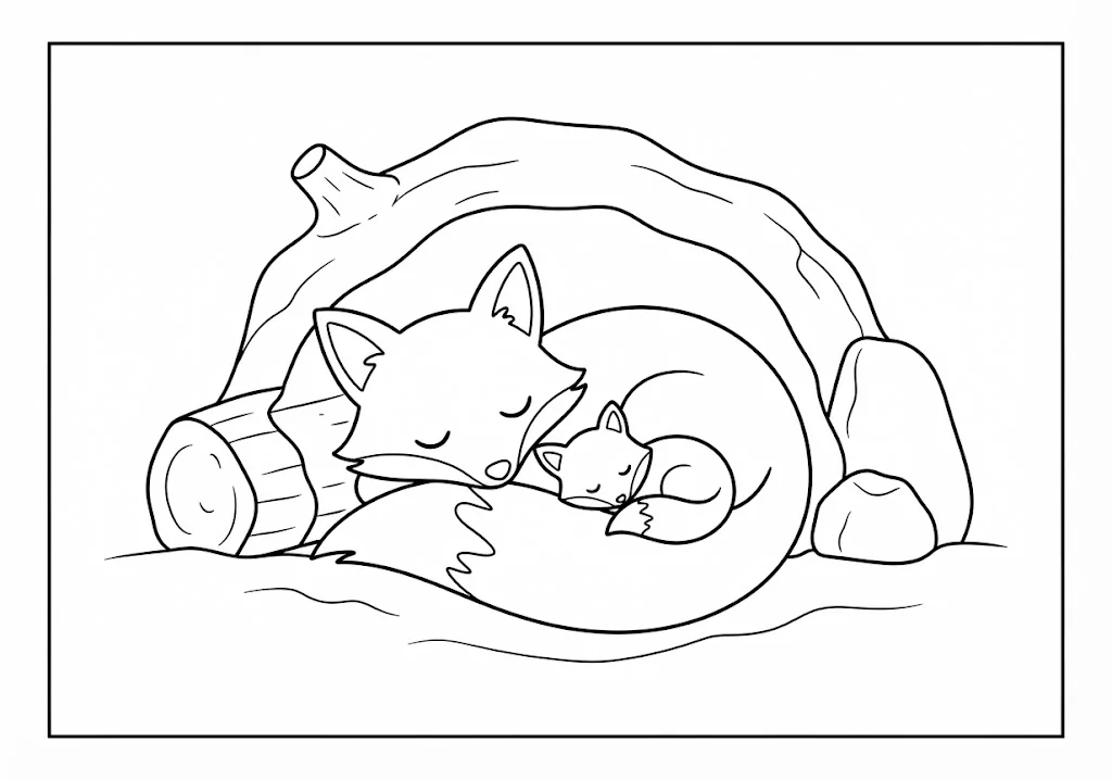 어르신을 위한 무료 색칠 도안: 잠자는 여우 가족