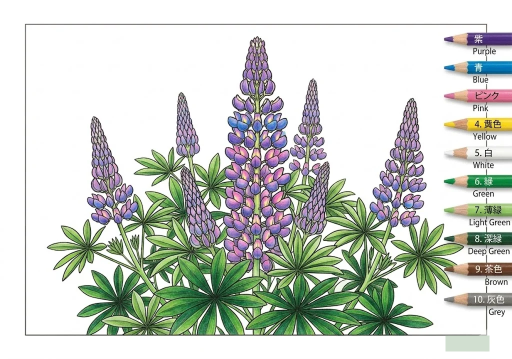 채색된 루피너스 색칠북 색칠 도안 예시