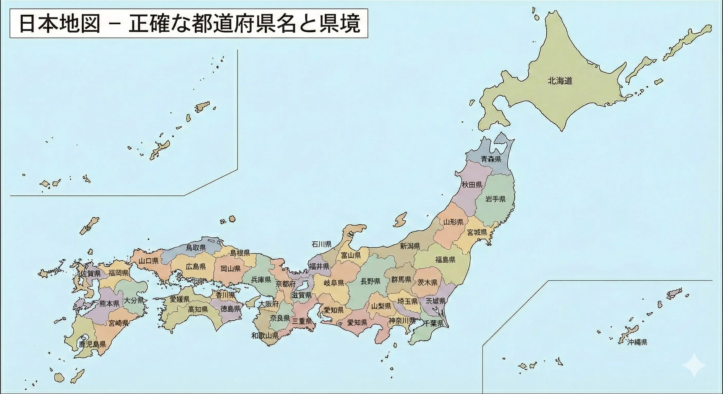 日本地図 - 正確な都道府県名と県境