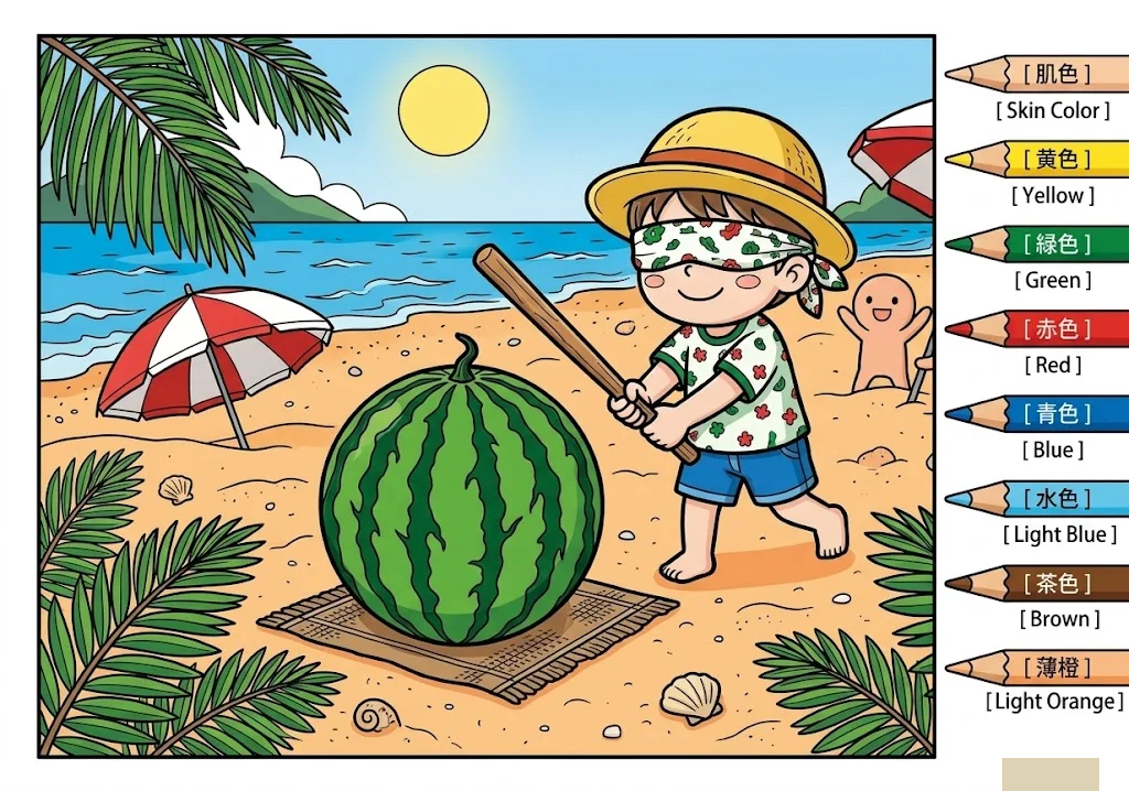 Desenho 3 colorido de Suikawari — Watermelon Smashing