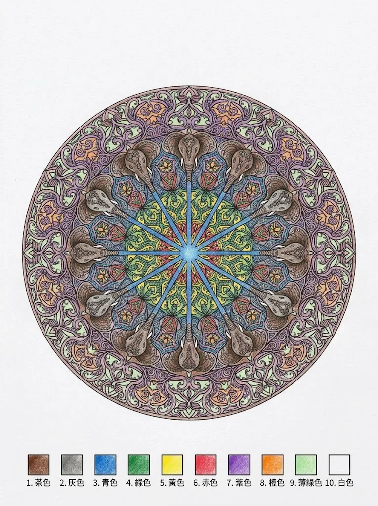 Exemplo colorido do livro de colorir de Raquete decorativa de Ano Novo (Mandala de Elefante)