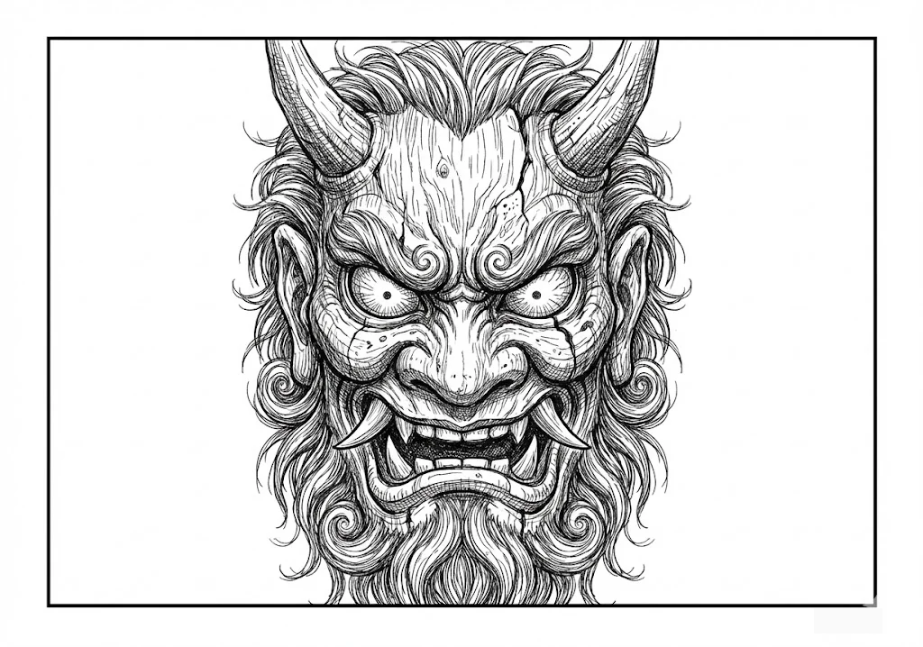 Página de livro de colorir imprimível de Máscara tradicional de Ogro (Oni no Men) para idosos