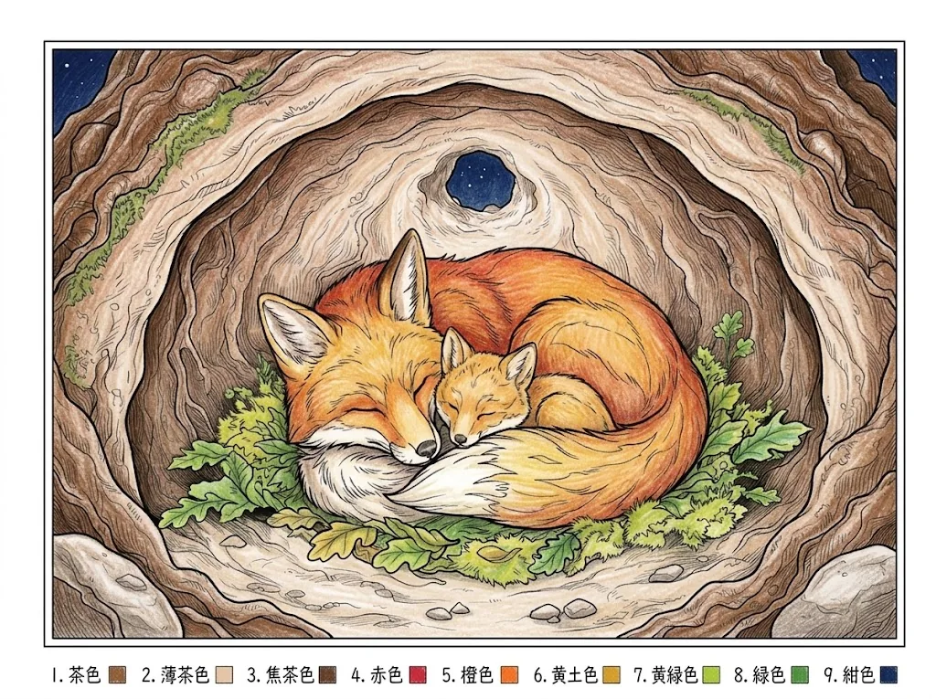 Exemplo colorido do livro de colorir de Família de raposas dormindo