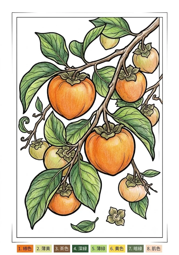 Exemplo colorido do livro de colorir de Caqui