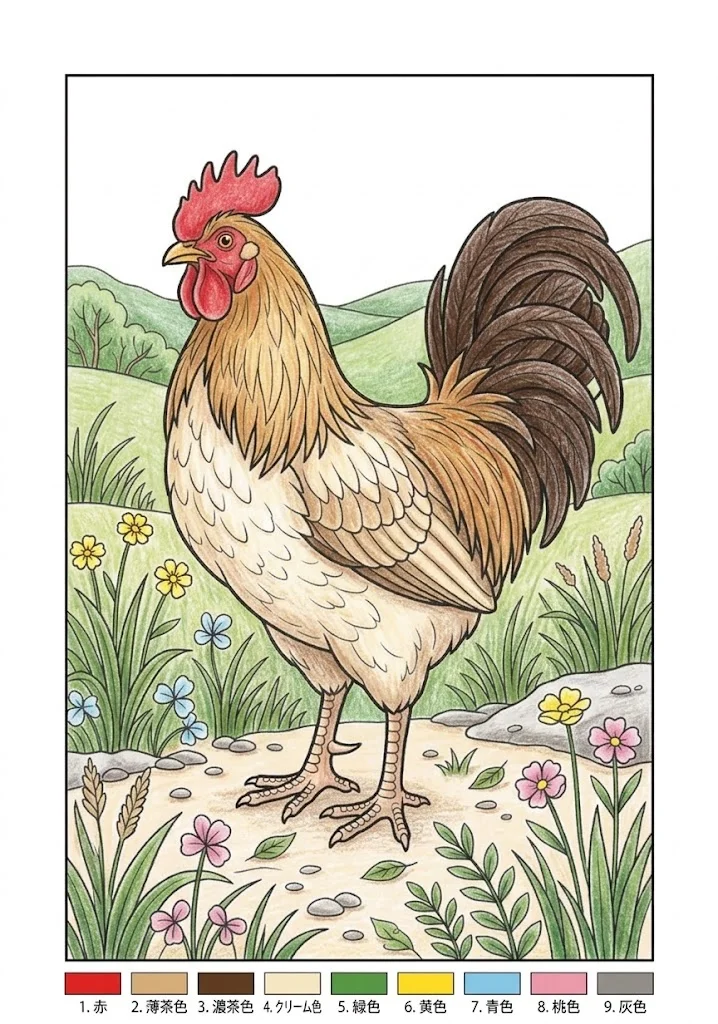 Dibujo para colorear para mayores: Gallo — ejemplo en color
