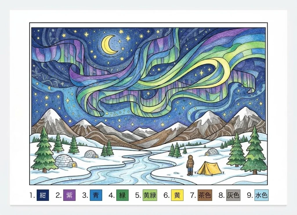 Ejemplo de dibujo coloreado: Aurora polar