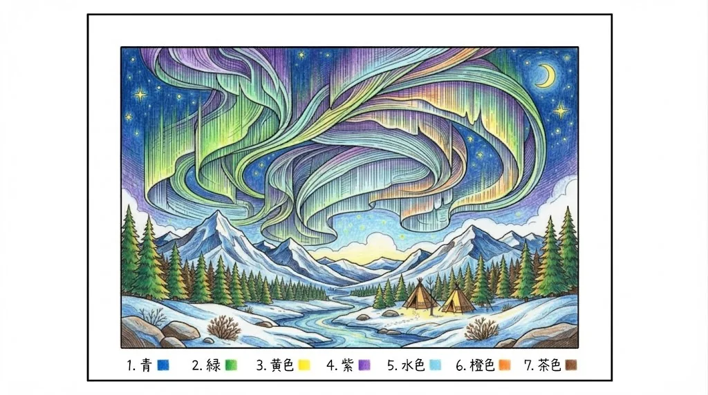 Ejemplo de dibujo coloreado: Aurora polar