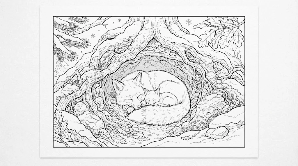 Dibujo para colorear gratis para adultos mayores: Familia de zorros durmiendo