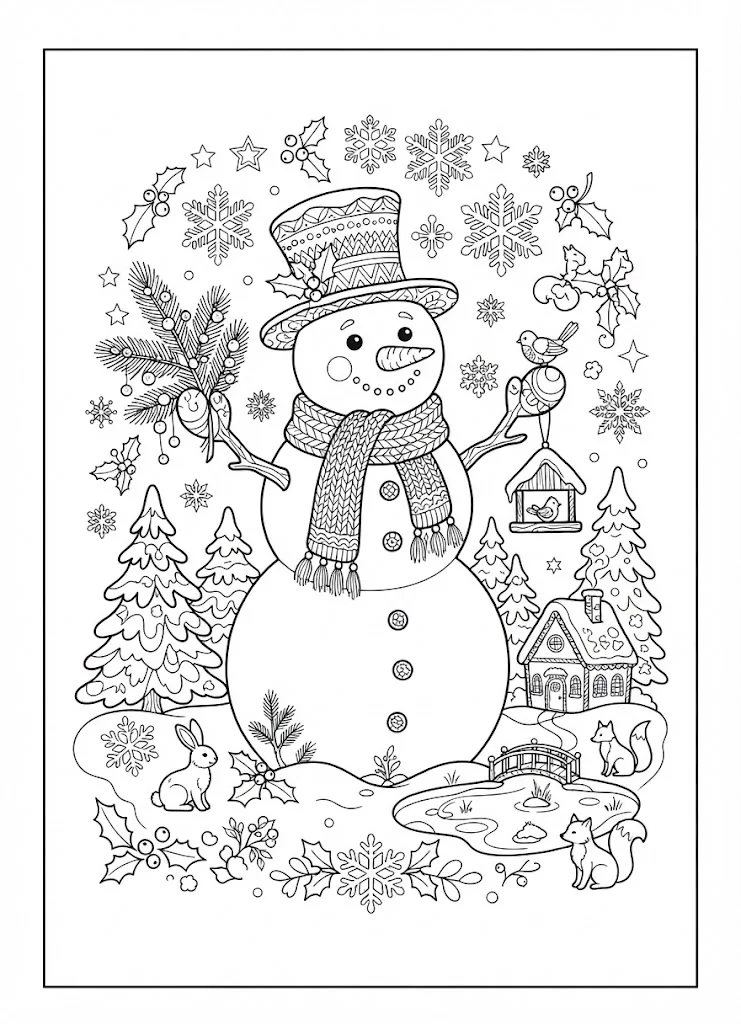 Dibujo para colorear gratis para adultos mayores: Muñeco de nieve