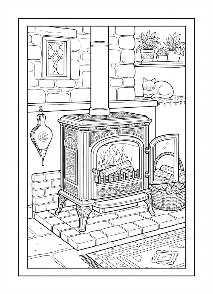 Dibujo para colorear gratis para adultos mayores: Estufa de leña