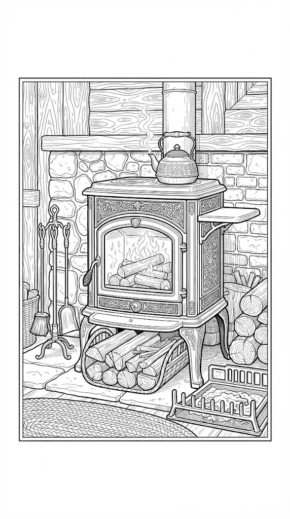 Dibujo para colorear gratis para adultos mayores: Estufa de leña