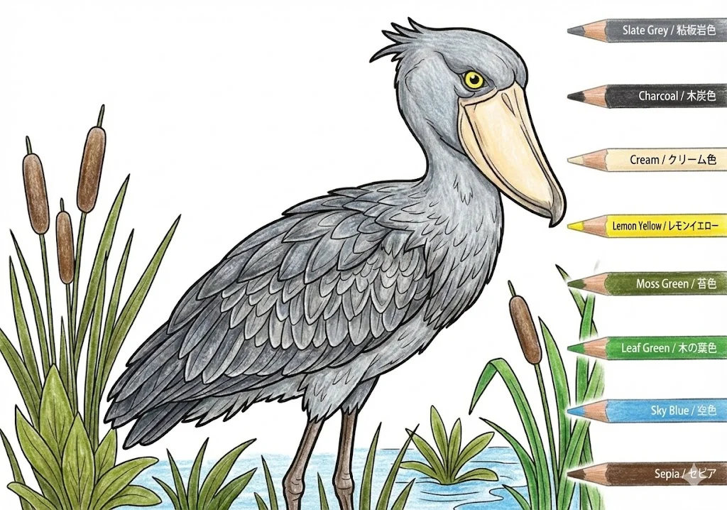銀髮族動物著色圖：鯨頭鸛 — 完成上色範例