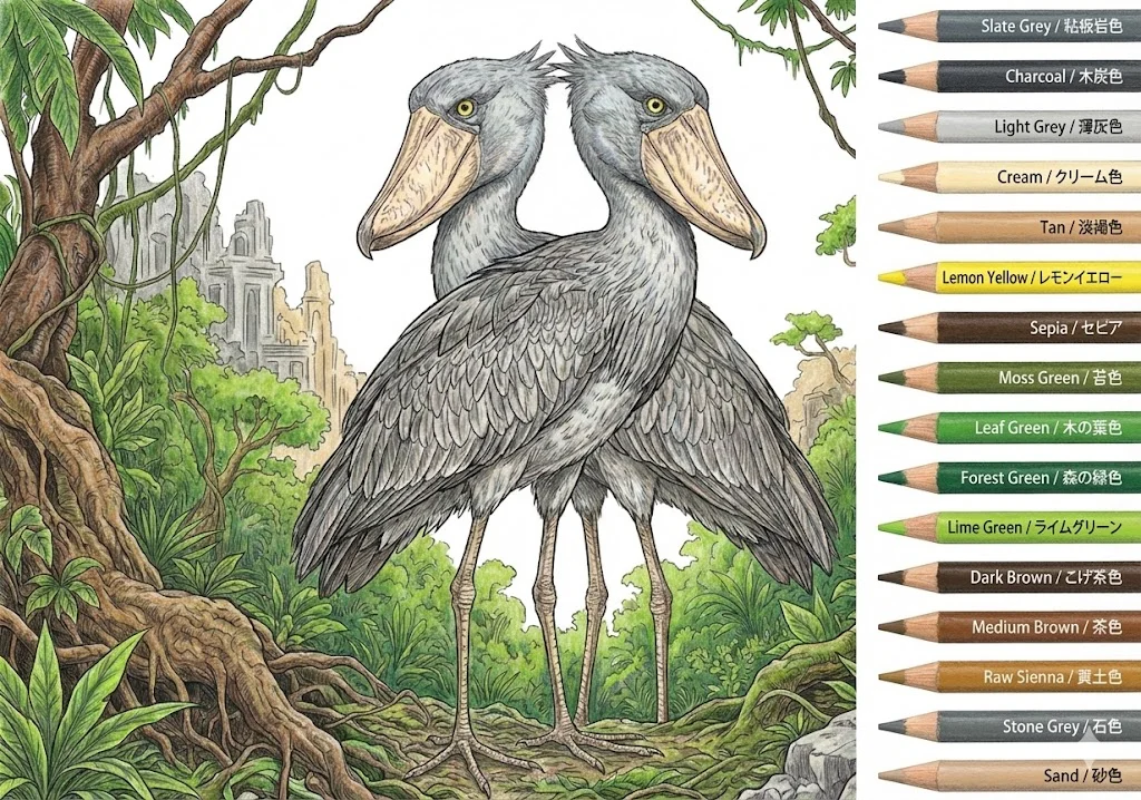 銀髮族動物著色圖:鯨頭鸛 — 完成上色範例