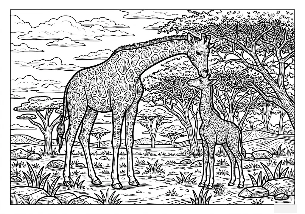 銀髮族動物著色圖：長頸鹿 — 可列印