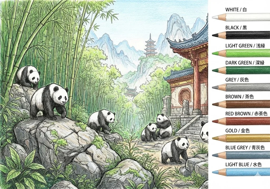 銀髮族動物著色圖：貓熊 — 完成上色範例