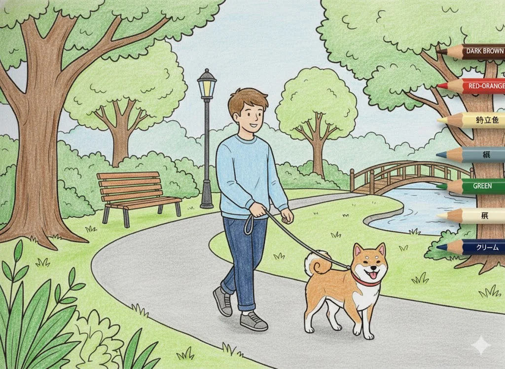 銀髮族動物著色圖：柴犬 — 完成上色範例