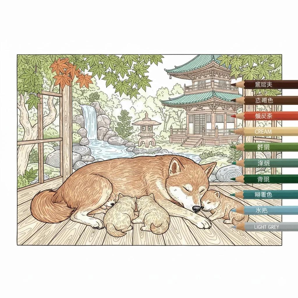 銀髮族動物著色圖：柴犬 — 完成上色範例