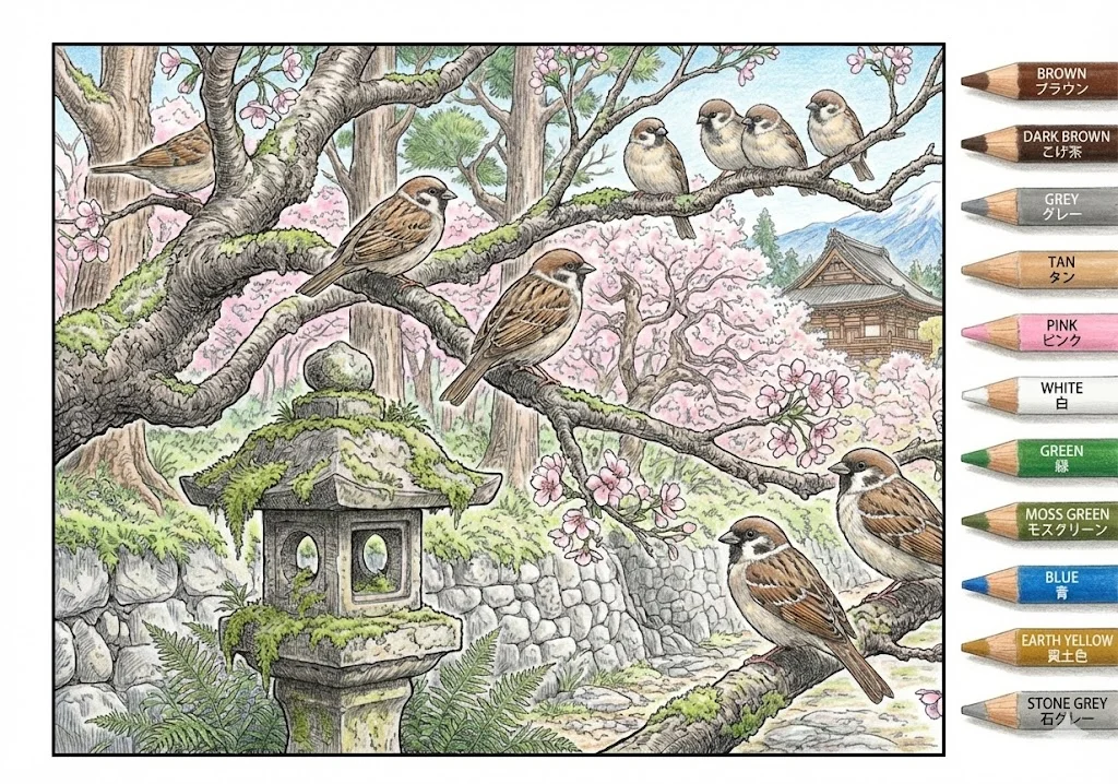 銀髮族動物著色圖：麻雀 — 完成上色範例